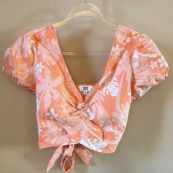 Floral Short Sleeve Tie Back Crop Blouse Hawaiian 🌺 - Picture 1 of 3